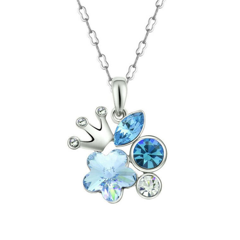 Blue Crown Flower Pendant Necklace Silver Tone CZ